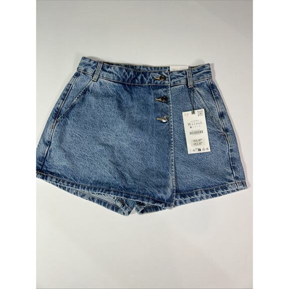 NEW Zara Skort Womens S Small Black Skirt High Rise Denim Dark Wash Button Fly - Picture 1 of 9
